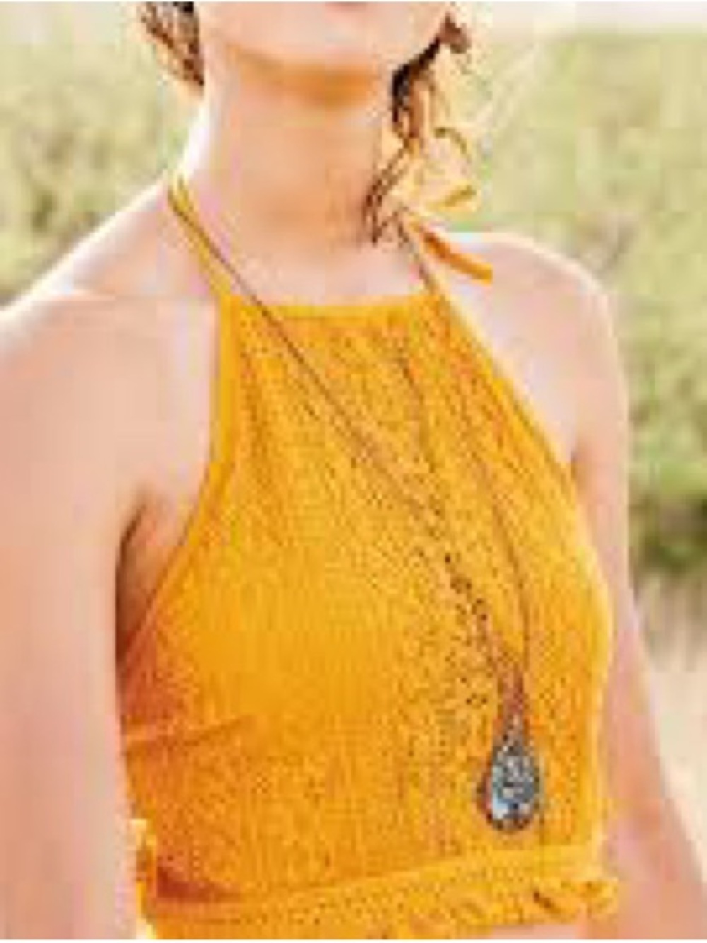 Earthbound Mustard Yellow Crochet Halter Crop Top